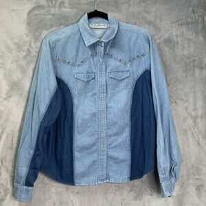 Vtg 90s Adobe Rose‎ Jean Shirt Western Aztec Boho Colorblock Studs Snap Size XL